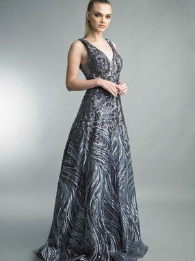 D1419L Sequin Swirl A-Line Gown - Charcoal